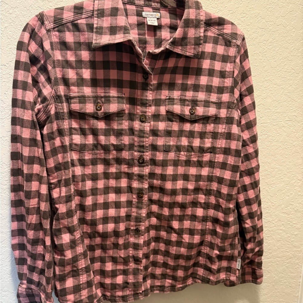 Carhartt Woman’s Pink and Black Plaid Flannel Shirt Size M 8/10